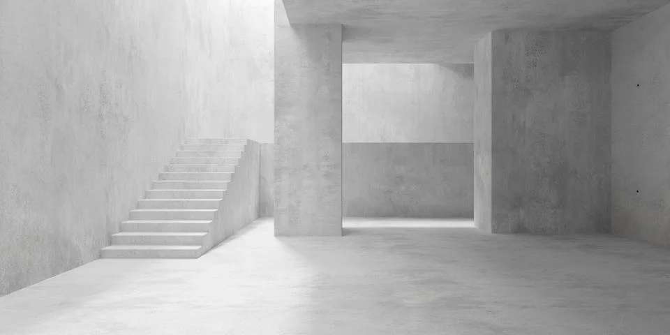 Abstract empty, modern concrete room with two levels, stairs, pillars and r.. Stock Illustration