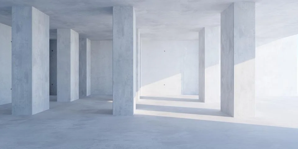 Abstract empty, modern concrete room with array of pillars, sun from outsid.. Ilustración de archivo