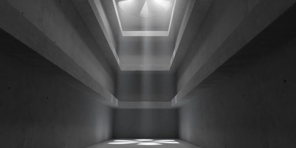 Abstract empty, modern concrete room with light thru huge fan in the ceilin.. Ilustración de archivo