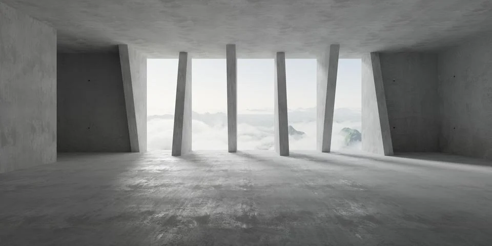 Abstract empty, modern concrete room with row of angled pillars, mountain v.. Stock Illustration