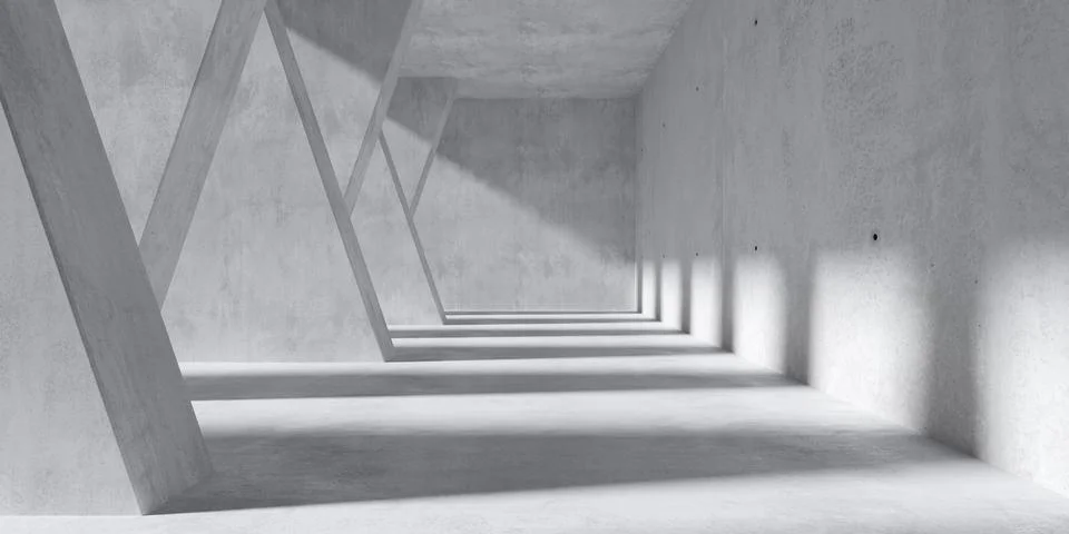 Abstract empty, modern concrete room with angled wide pillars and rough flo.. Stock Illustration