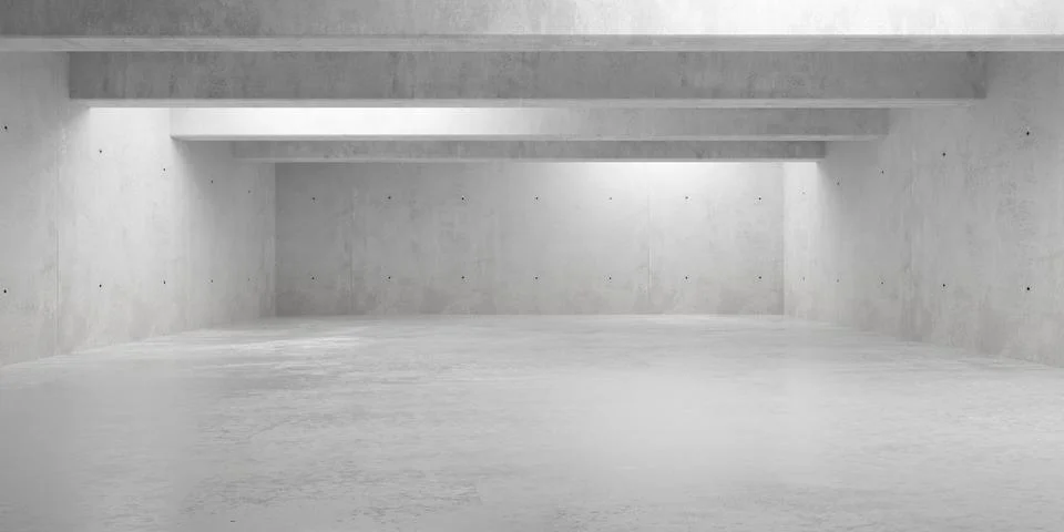 Abstract empty, modern concrete room with horizontal ceiling beams with ins.. Stock Illustration