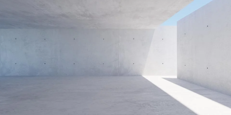 Abstract empty, modern concrete room with sky opening on the right and roug.. Illustrazione stock