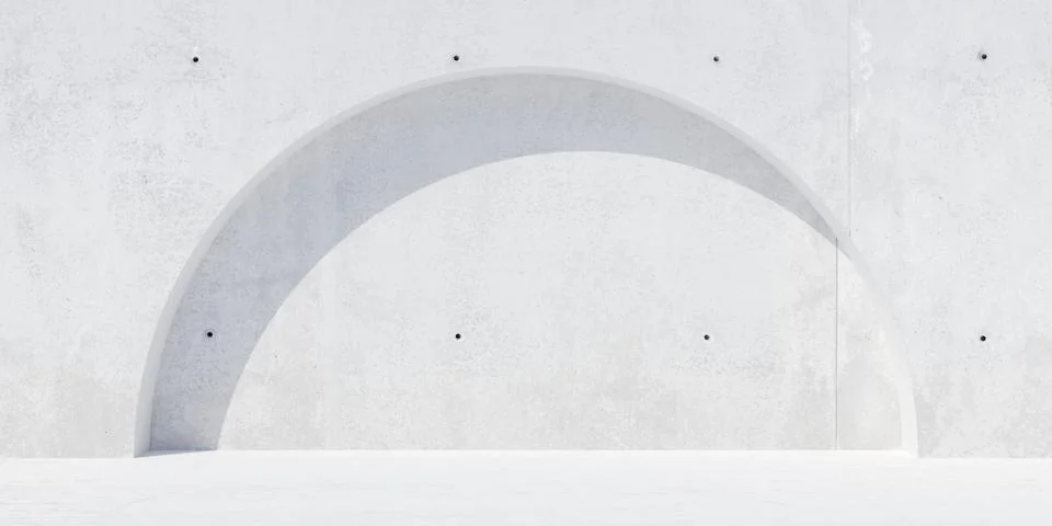 Abstract empty, modern concrete wall with round circular recess, outside wi.. Ilustración de archivo