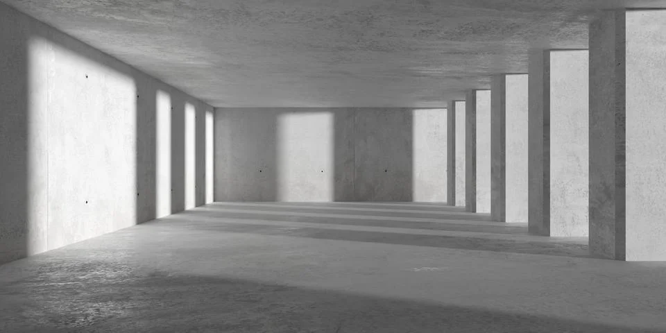 Abstract empty, modern concrete walls room with sunlight from right behind wi Stock Illustration