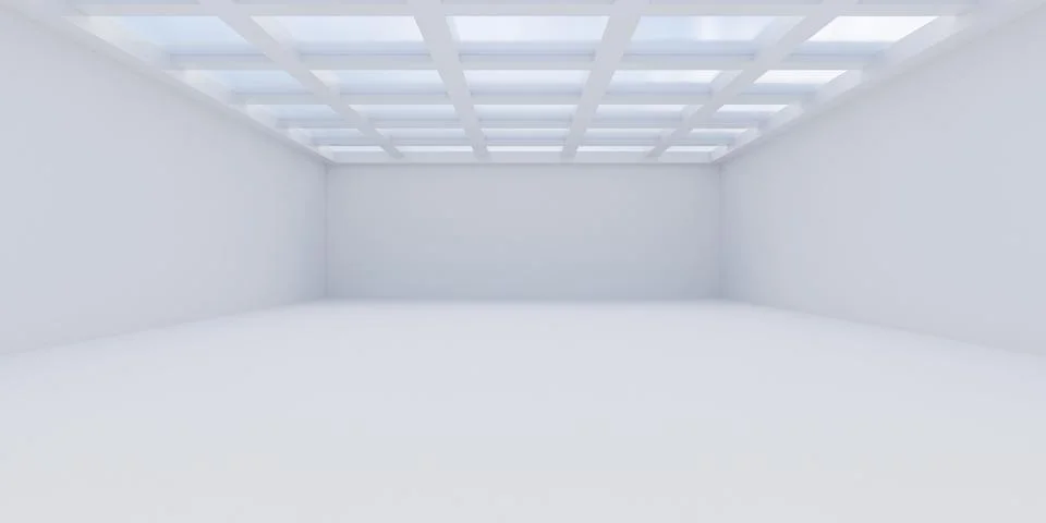 Abstract empty, modern white gallery room with glass ceiling grid and sky b.. Illustrazione stock
