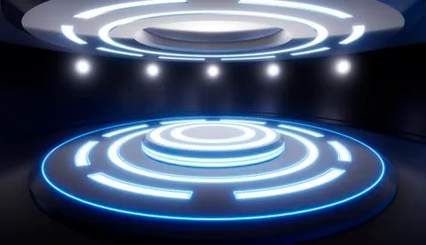 Abstract empty studio with pedestal and blue lighting. Futuristic round pedes Stock Illustration