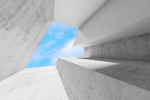 Abstract empty white concrete interior with blue sky behind a window Ilustración de archivo