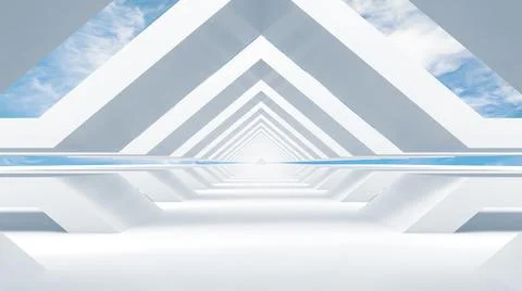 Abstract empty white tunnel perspective with cloudy sky Stock Illustration