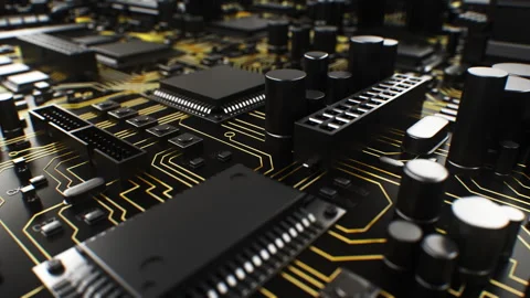 Abstract Endless Circuit Board Black Color with Gold Tracks Close-up Seamless Video stock 254168487