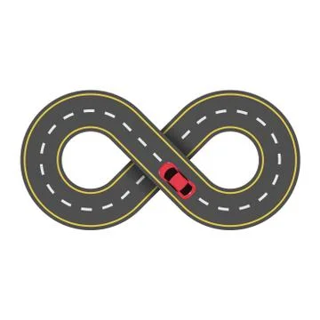 Abstract endless road isolated on white background. Cartoon red car. The carr 库存插图