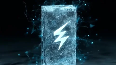 Abstract energy block with lightning bolt symbol against dark background Stock Footage 319439038