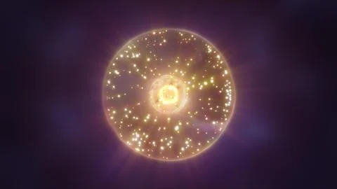 Abstract energy sphere with flying glowing yellow bright particles, science.. Stock Illustration