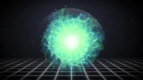 Abstract energy sphere with glowing green plasma light effects floating above a Stock Footage 337461402