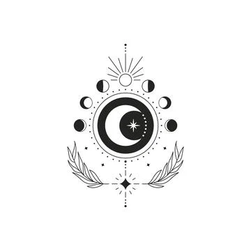 Abstract esoteric line drawing. Boho moon phases mystical magic celestial tattoo Stock Illustration