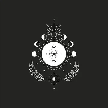 Abstract esoteric line drawing. Boho moon phases mystical magic eye, celestial Stock Illustration