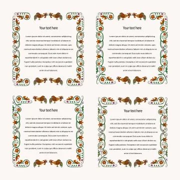 Abstract ethnic frame with a pattern of flowers and roosters Illustrazione stock