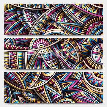Abstract ethnic ornamental stripes set. 3 Vector vintage banners collection Stock Illustration