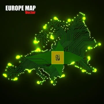 Abstract Europe map with cpu. Glowing circuit board. Neon technology map Stock Illustration