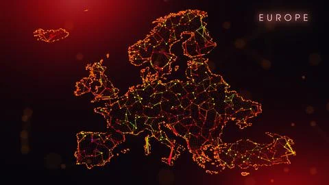 Abstract Europe Map Digital Network Background With Red And Orange Plexus Dot Stock Illustration
