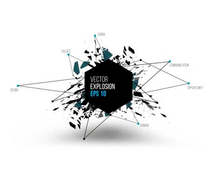 Abstract explosion cloud of black glass pieces on white backgrou Illustrazione stock