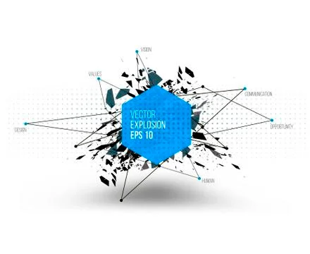 Abstract explosion cloud of black glass pieces on white backgrou Stock Illustration
