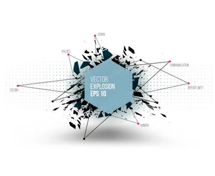 Abstract explosion cloud of black glass pieces on white backgrou Illustrazione stock