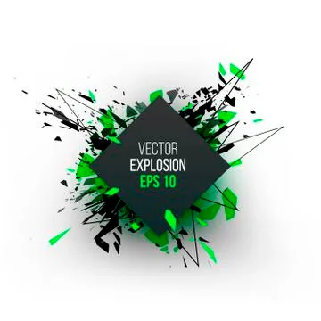 Abstract explosion cloud of black glass pieces on white backgrou Illustrazione stock