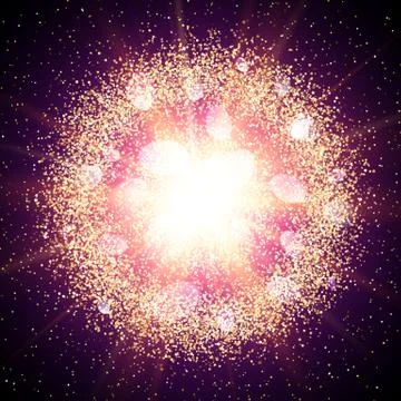 Abstract explosion with gold glittering elements. Burst of glowing star. Stock Illustration
