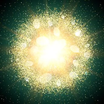 Abstract explosion with golden glittering elements. Burst of glowing star. Stock Illustration