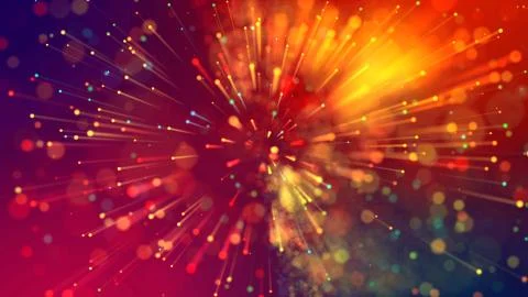 Abstract explosion of multicolored shiny particles or light rays like laser show Illustrazione stock