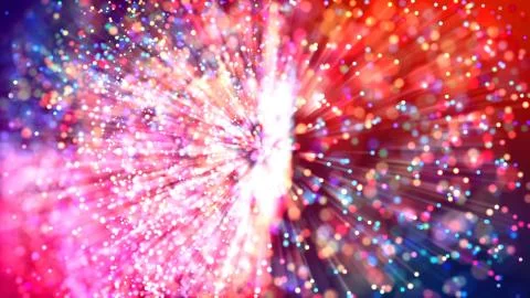 Abstract explosion of multicolored shiny particles or light rays like laser show Stock Illustration