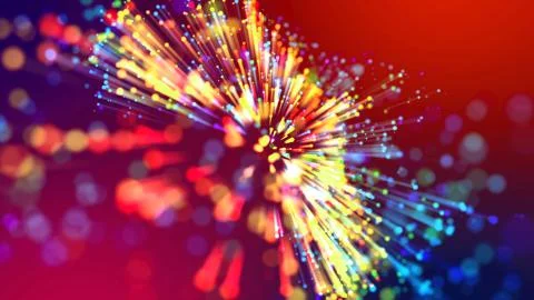 Abstract explosion of multicolored shiny particles like sparkles with light rays Foto stock