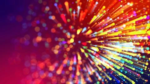 Abstract explosion of multicolored shiny particles like sparkles with light rays Foto stock