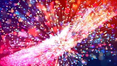 Abstract explosion of multicolored shiny particles like sparkles with light rays Foto stock
