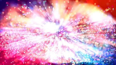 Abstract explosion of multicolored shiny particles like sparkles with light rays Stock Photos