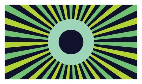 Abstract eye design with light green yellow rays and mint ring on dark blue. Illustrazione stock