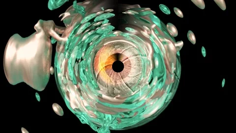 Abstract Eye Iris Exploding with Flying Water Droplets Stockbeeldmateriaal 346811178
