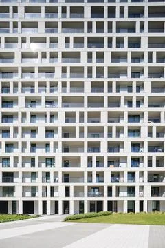 Abstract facade view of the modern DC Living appartment building in Vienna's  Stock Photos