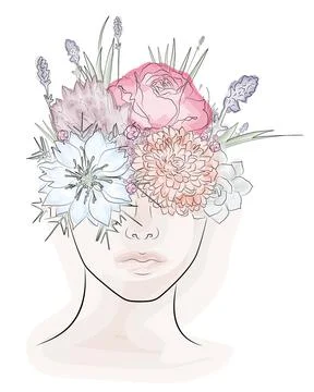 Abstract face with flowers watercolor vector drawing. Portrait minimalistic Stock Illustration