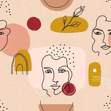 Abstract face pattern. Seamless minimalist contemporary girl portraits with one Stock Illustration