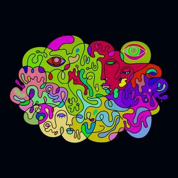 Abstract Faces Composition Psychedelic Artwork Stock Illustration