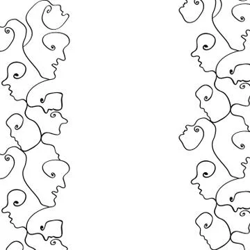 Abstract faces of people in one line. Modern poster with linear border of Stock Illustration