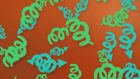 Abstract Falling Green Spiral and Arrow Shapes on Orange Background Stock Footage 344850958
