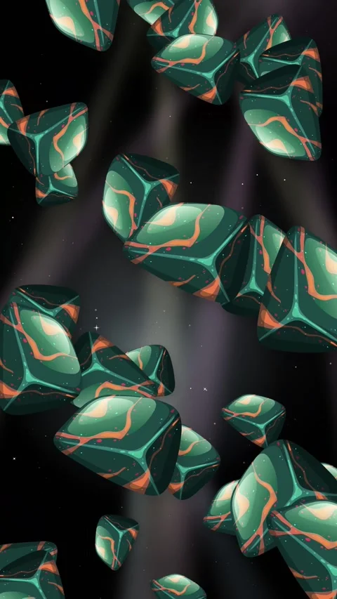 Abstract Falling Green Stones with Orange Veins on Dark Background Stock Footage 345041341