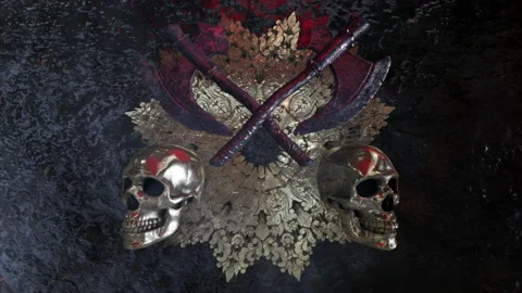 Abstract Fantasy 3D Skull with Axe and 3D Flora Design Animation Motion graphic Stock Footage 220086009
