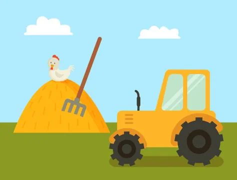 Abstract Farm with Tractor and Stack of Hay Poster Stock Illustration
