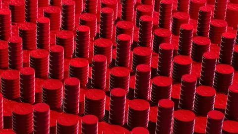 Abstract field of cylinders, layered abstract shapes, red color, creative 3d 스톡 일러스트