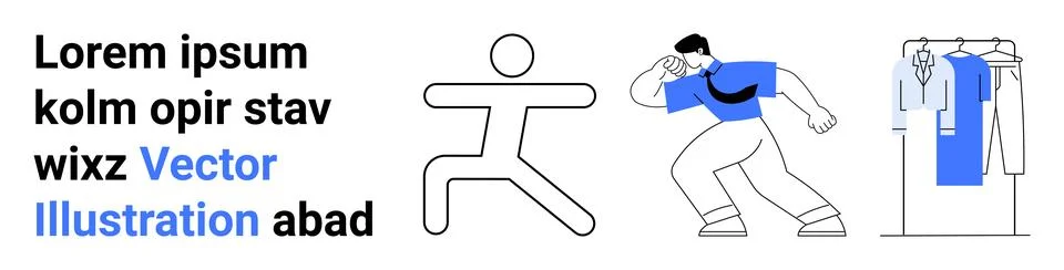 Abstract Figures Engaged in Dance and Fashion Activities with Lorem Ipsum Tex Stock Illustration