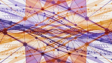 Abstract figures formed with lines and dots of blue and orange colors Stock Illustration